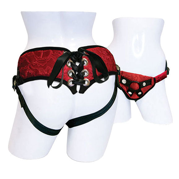 PlayBound UK adult toys & lingerie: sportsheets red lace with satin corsette strap on