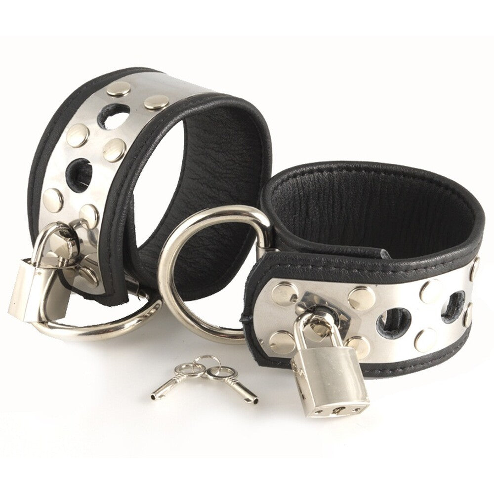 PlayBound UK adult toys & lingerie: leather wrist cuffs with metal and padlocks