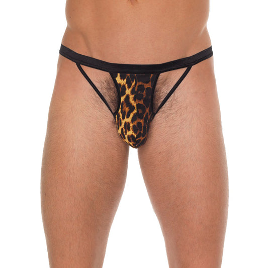 PlayBound UK adult toys & lingerie: mens black gstring with black straps to animal print pouch