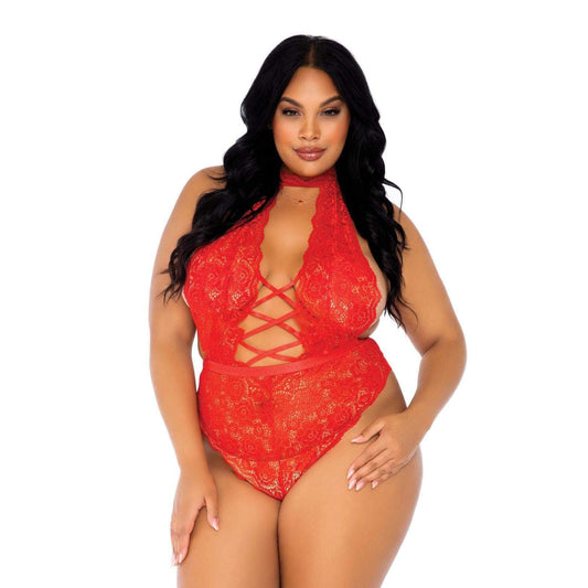 PlayBound UK adult toys & lingerie: leg avenue floral lace crotchless teddy red uk 18 to 22