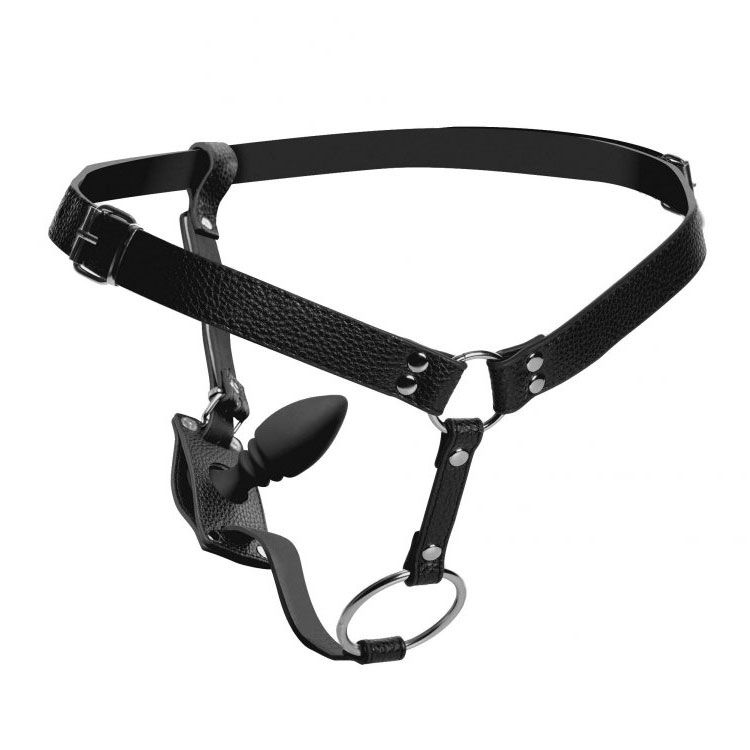 PlayBound UK adult toys & lingerie: strict male cock ring harness with silicone anal plug