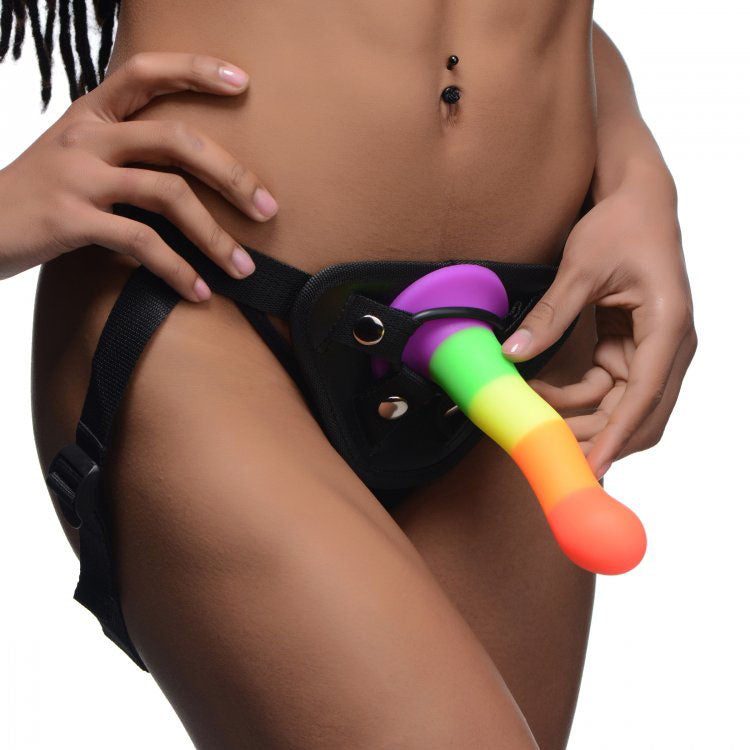 PlayBound UK adult toys & lingerie: proud rainbow silicone dildo with harness