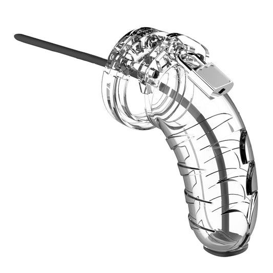 PlayBound UK adult toys & lingerie: man cage 16 male 4 5 inch clear chastity cage with urethal sound