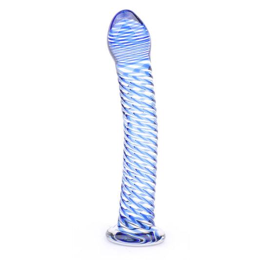 PlayBound UK adult toys & lingerie: glass dildo with blue spiral design