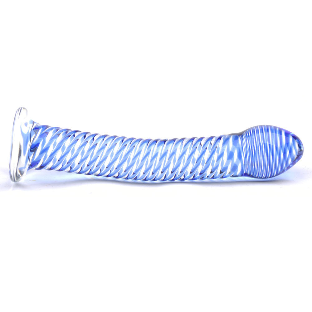 PlayBound UK adult toys & lingerie: glass dildo with blue spiral design