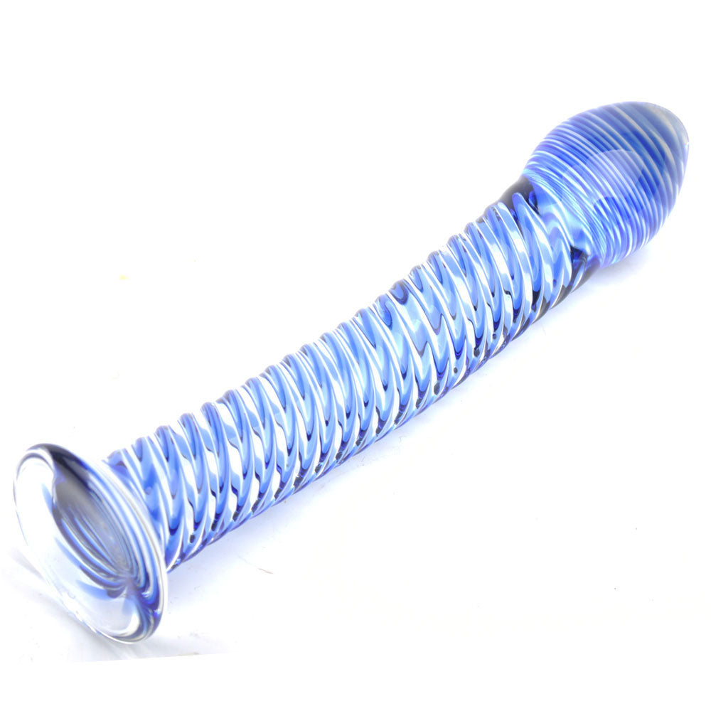 PlayBound UK adult toys & lingerie: glass dildo with blue spiral design