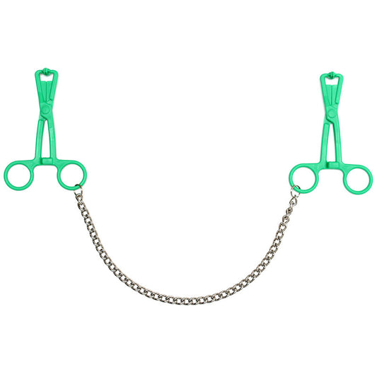 PlayBound UK adult toys & lingerie: green scissor nipple clamps with metal chain